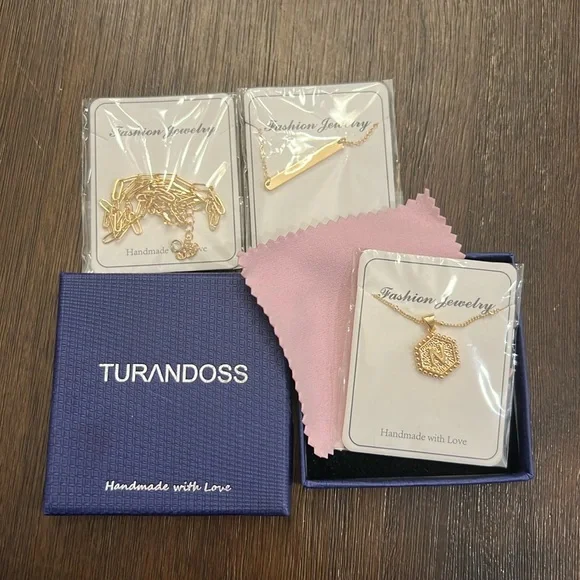 Turandoss N initial necklace w/ 2 layering necklaces w/ box - 14k gold plated - Picture 1 of 4